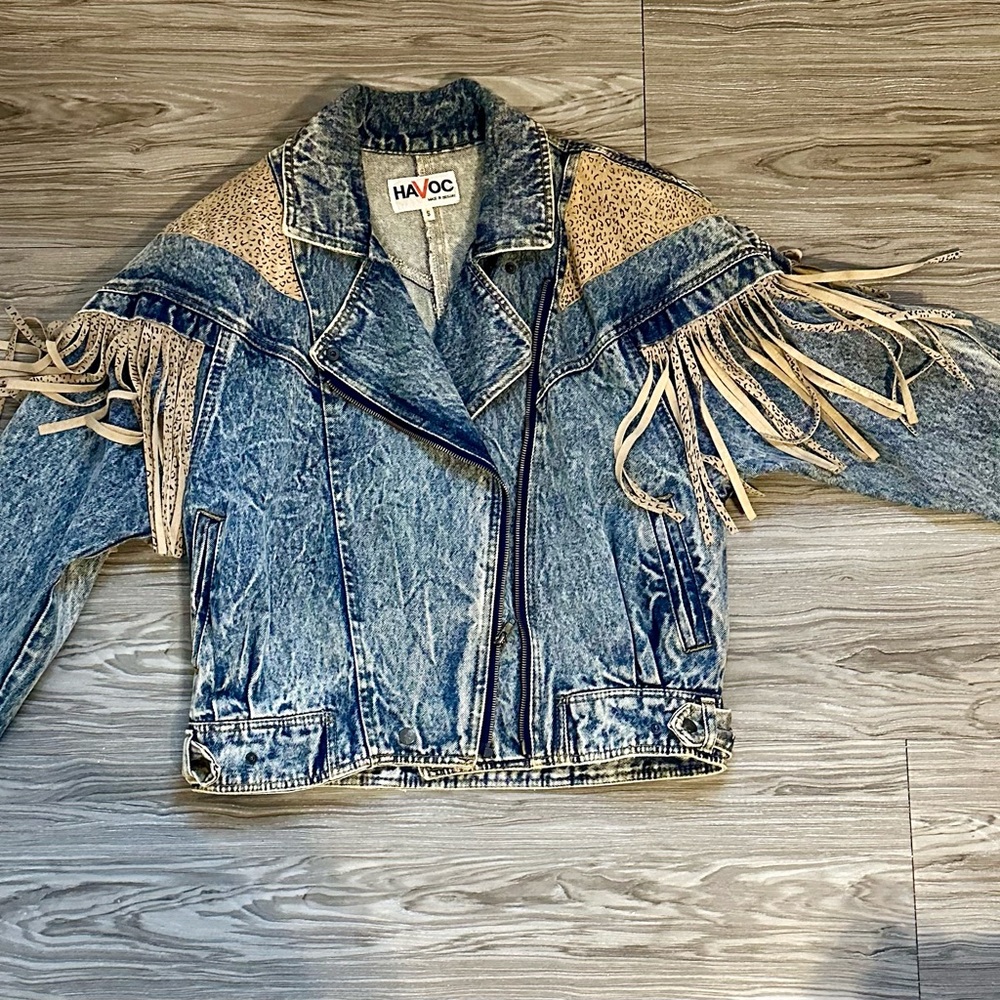 Denim Jacket with Leopard Print Fringe